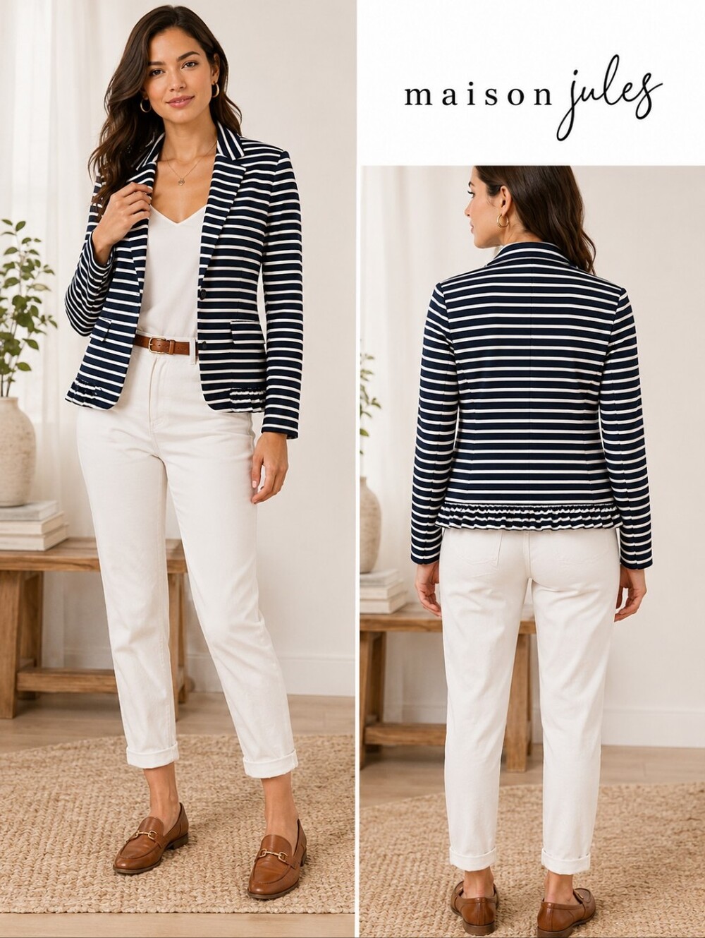 Maison Jules Navy White Striped Ruffle Hem Knit Blazer Preppy Career Size M